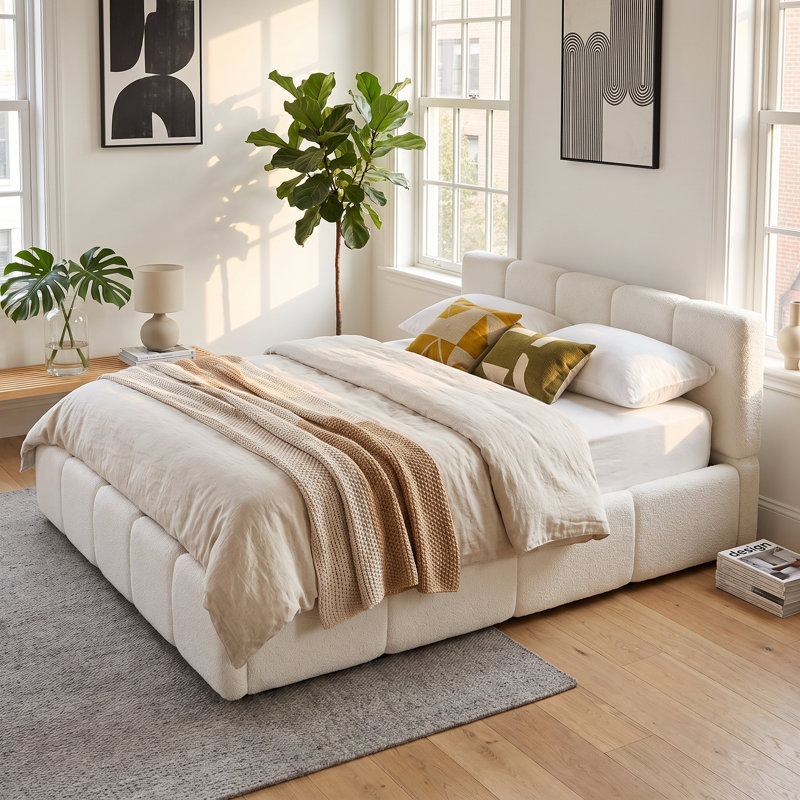 Cocoon King Size Platform Bed with Boucle Headboard and Footboard, Upholstered Grounded Block Design, Solid Wood Support, No Box Spring Needed, 800 lb Capacity