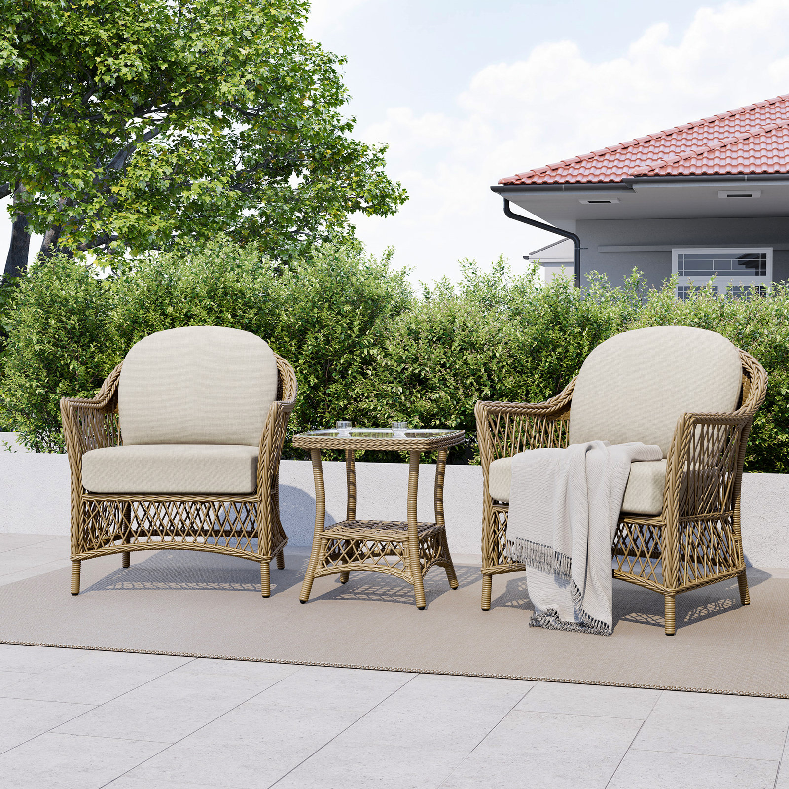 Kyla 3-Piece Wicker Patio Conversation Set With Side Table And Beige Cushions