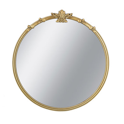 30" x 31" Gold Finish Round Wall Mirror with Ornate Leaf Crest Decor | Vintage Accent Mirror for Bathroom, Living Room & Entryway