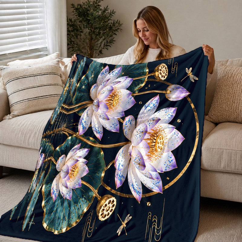 Couverture en flanelle à motif lotus (1 pièce) – Réversible ; couleurs éclatantes, design élégant. Lavable à la machine. Parfait pour la décoration du salon et la détente à la maison. Un beau cadeau. Convient également pour la literie et le canapé.