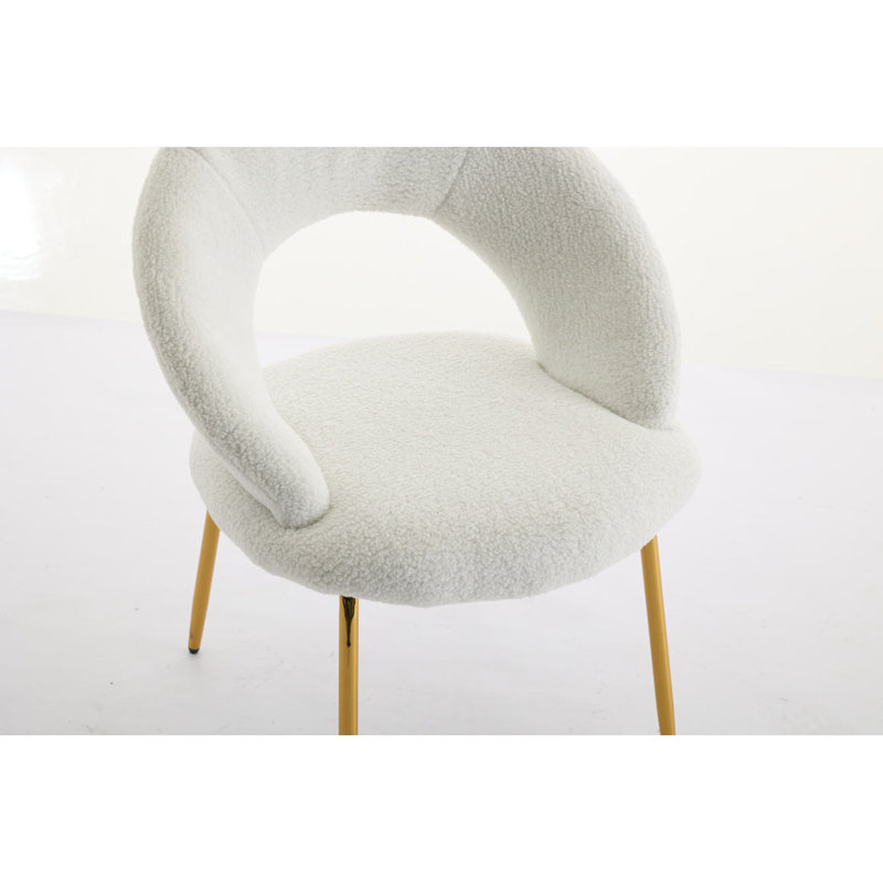 061-Ensemble de 1 chaises de salle à manger en tissu Teddy avec dossier incurvé et pieds en métal doré pour la cuisine ou la salle à manger, blanc
