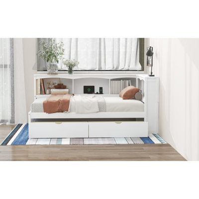 Lit de jour simple blanc avec rangement et connexions - Conçu pour offrir une expérience de chambre à coucher confortable avec des tiroirs et un décor solide et durable