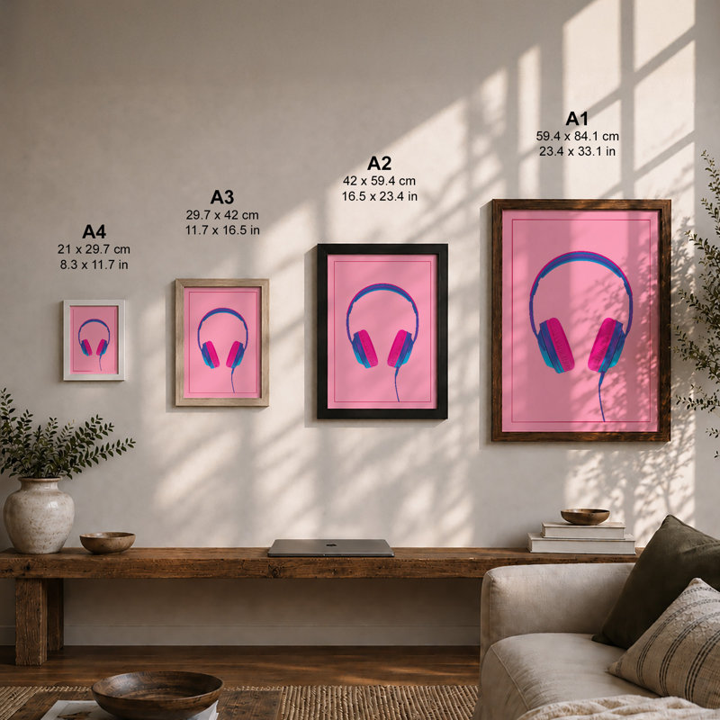 Pop Headphones Modern - Framed Print, Walnut, A4 - 29.7 x 21.0 cm