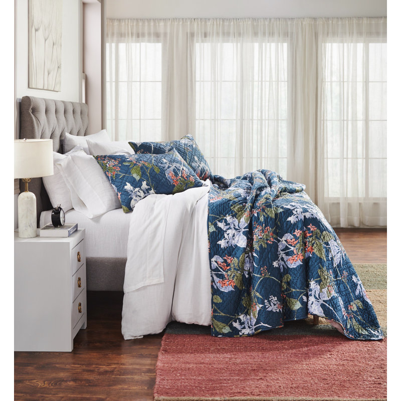 Courtepointe en mélange de coton Fizzah - simple, Courtepointe simple, Motif floral marine