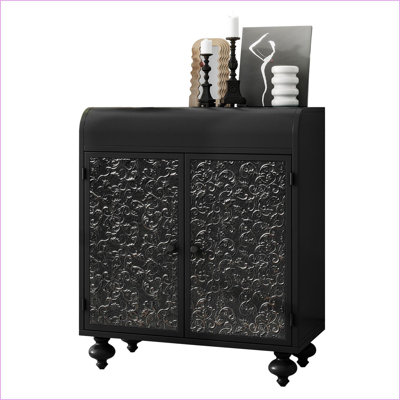 Sideboard Buffet Cabinet with 2 Doors | Distressed Black Gold Embossed Storage | Steel | Farmhouse