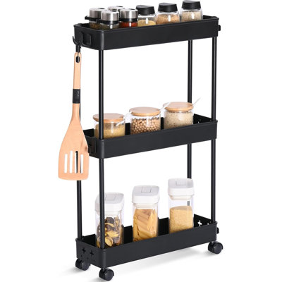 3-Tier Slim Rolling Storage Cart With Hooks, Space-Saving Utility Cart On Wheels, Mobile Shelving Unit For Bathroom, Kitchen, Laundry, Dorm, Nursery, Craft And Office Organization