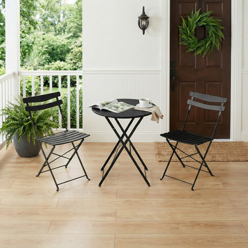 Collapsible Metal Patio Bistro Set 3-Piece – Compact Outdoor Table & 2 Folding Chairs – Space-Saving, No Assembly Needed – For Garden, Yard, Balcony – Black
