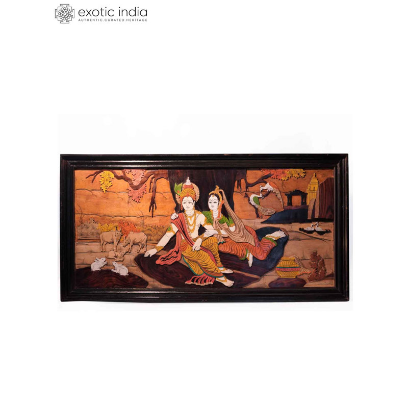 Hand-Carved Radha Krishna 3D Wood Wall Art with Inlay, 48-Inch Spiritual Panel Decor
