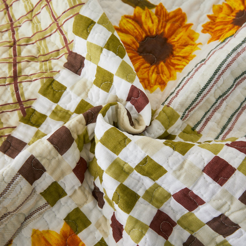 Yellow/Green 100% Cotton Reversible Floral Plaid Patchwork Quilt Set, Twin Quilt + 1 Standard Sham
