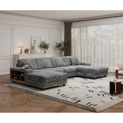 Convertible U-Shaped Combination Sofa, Corduroy Fabric, Modern Comfortable Large Size 4 Seat Sofa, Living Room Double Lounge Chair