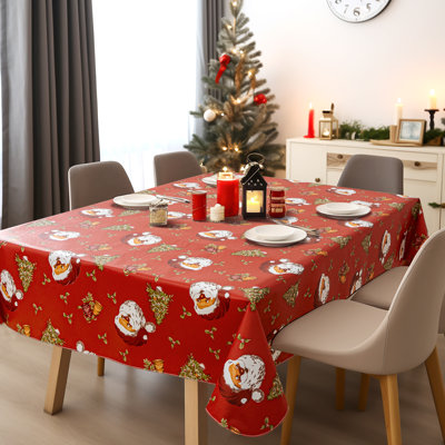 Nappe de Noël rectangulaire en vinyle avec envers en flanelle, imperméable, 132 x 229 cm, motif Père Noël, sapins et cloches, rouge.