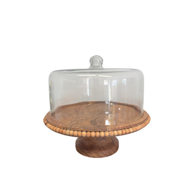 Acacia Wood Footed Cake Plate With Glass Dome