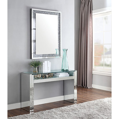 Longo Glam Rectangular Sofa Table with Bottom Shelf in Mirrored & Faux Crystals