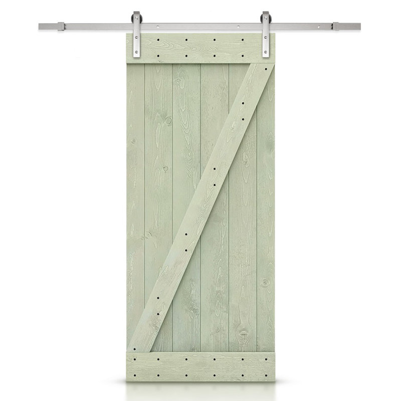 Porte de grange peinte à panneaux en bois et métal avec ensemble de quincaillerie d’installation, 30 po x 84 po, Vert sauge
