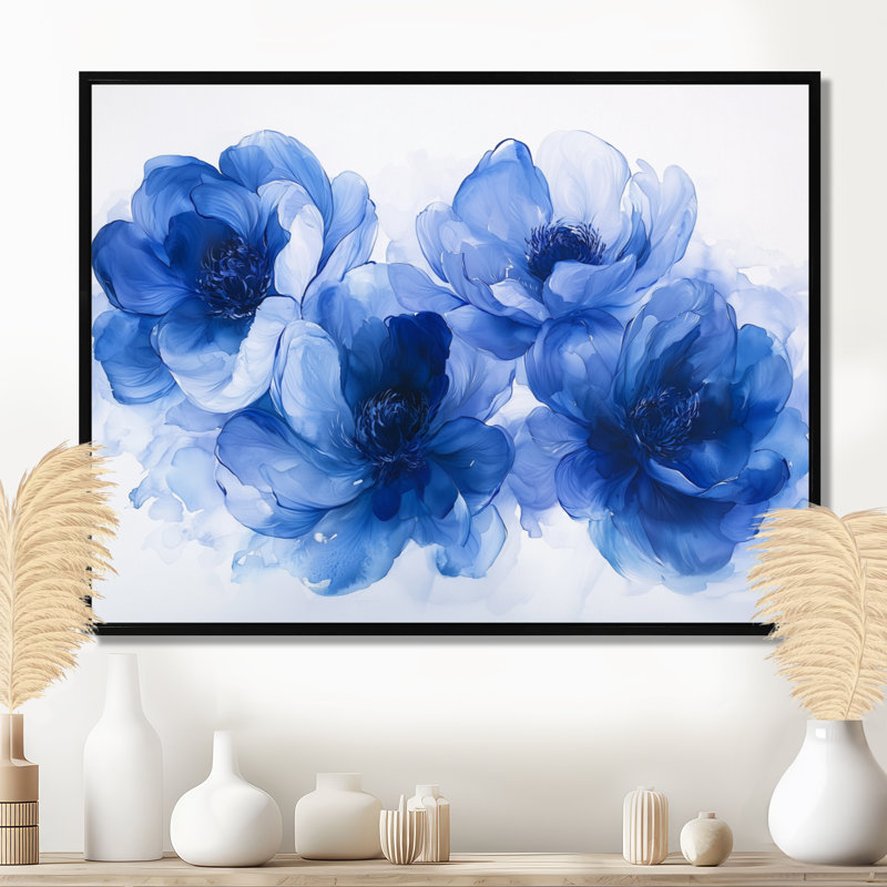 Velours bleu blanc, pivoines bleues - pivoines, art mural, 24" H x 32" W, Cadre flottant noir