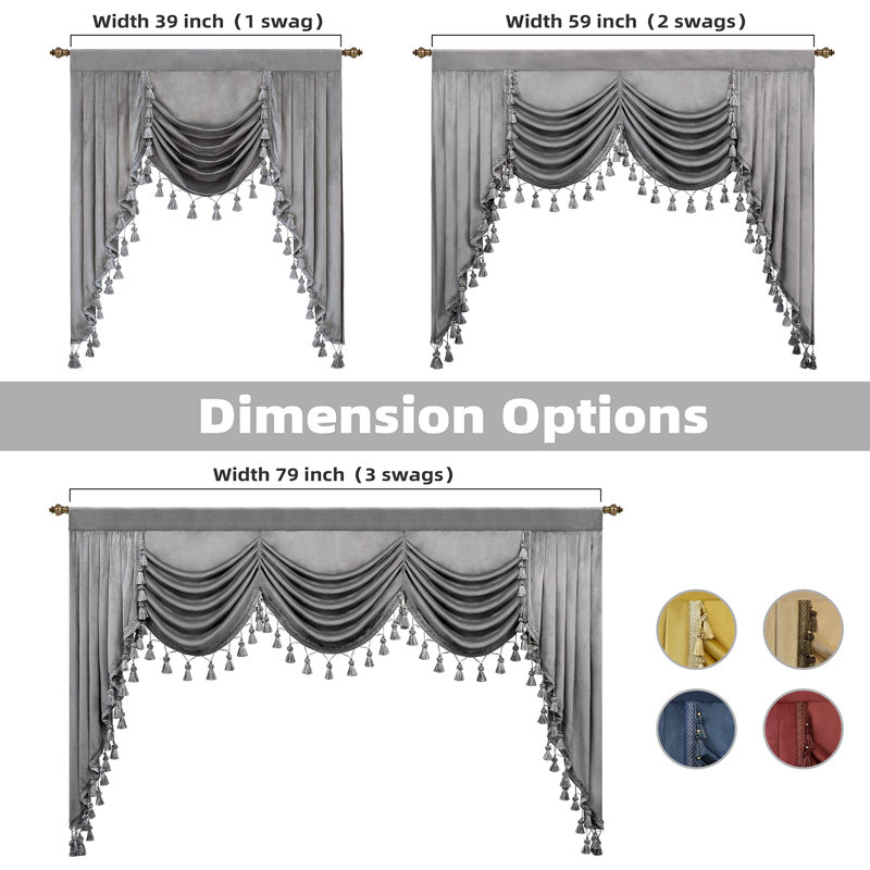 Velvet Solid Colour Swag Window Valance, Silver Grey
