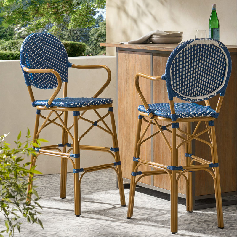 Ensemble de 2 tabourets de bar d'extérieur en osier et aluminium 29,5 po, bleu marine, finition à imprimé bambou, Navy Blue