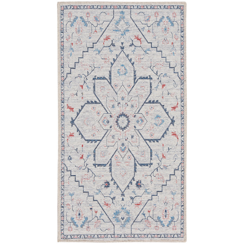 Blue and Ivory Floral Cotton Synthetic Rectangular Area Rug