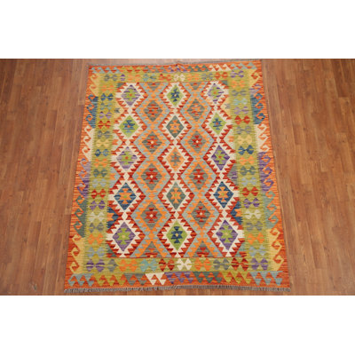 Tapis géométrique en laine Kilim 5 x 6