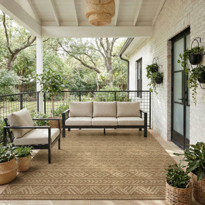 Boho UV-Resistant Woven Indoor/Outdoor Area Rug In Sand Beige