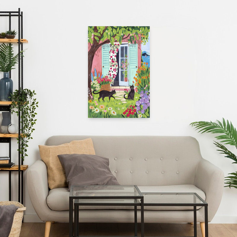 «Garden Cats By The Sea», art floral coloré, chat paisible et serein, H 24 po x l 16 po