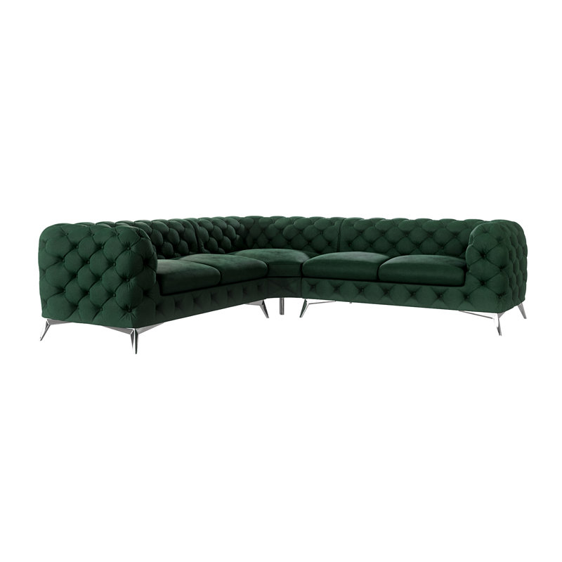 Chesterfield Corner Sofa L-Shape  with Silver Metal Legs, Bottle Green