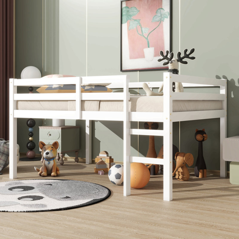 Full Rubber Wood Loft Bed With Ladder, White