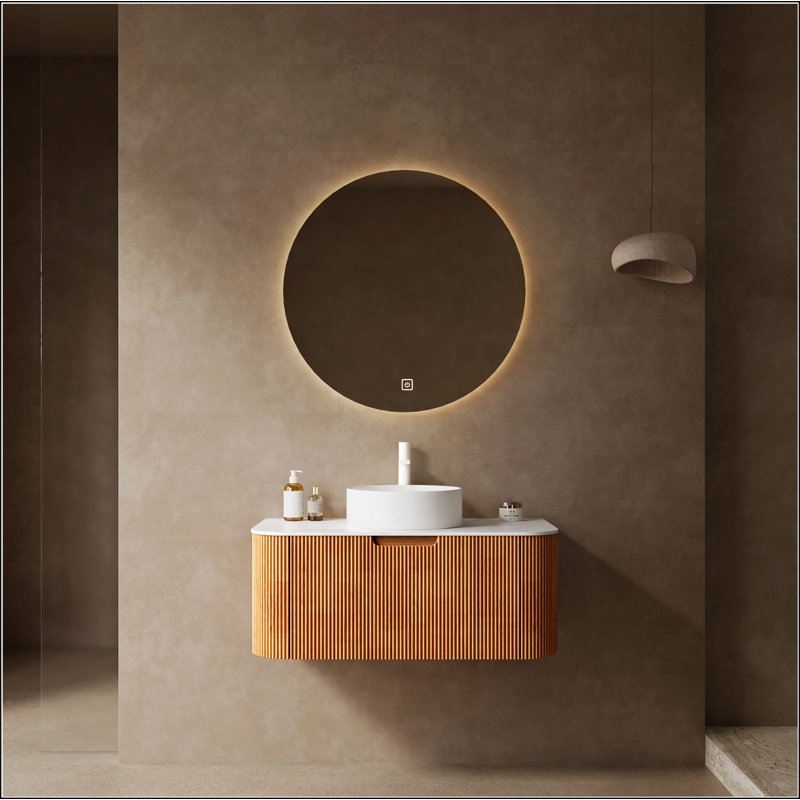 Meuble-lavabo de salle de bain 36 po avec lavabo, meuble-lavabo de salle de bain mural moderne à bords arrondis avec tiroir, lavabo en marbre artificiel blanc sans robinet, pré-assemblé, bois naturel