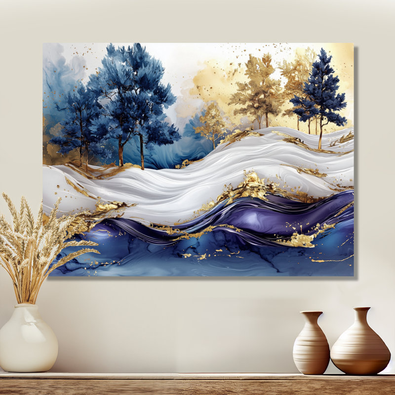 «Golden Trees Aurora Over The Marble Peaks II», art mural abstrait en métal, H 34 po x l 44 po
