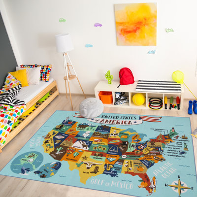 USA State Map Digital Printed Easy Care Non-Slip Polypropylene Educational Youth Area Rug, 6'6"x9'6"