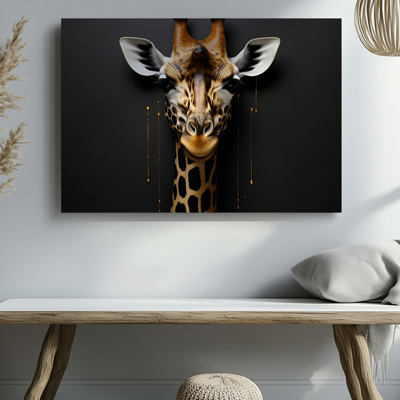 Toile, "Striking" hyperréaliste, représentation d'une tête de girafe, art mural sortant d'un fond noir mat lisse présentant une toile