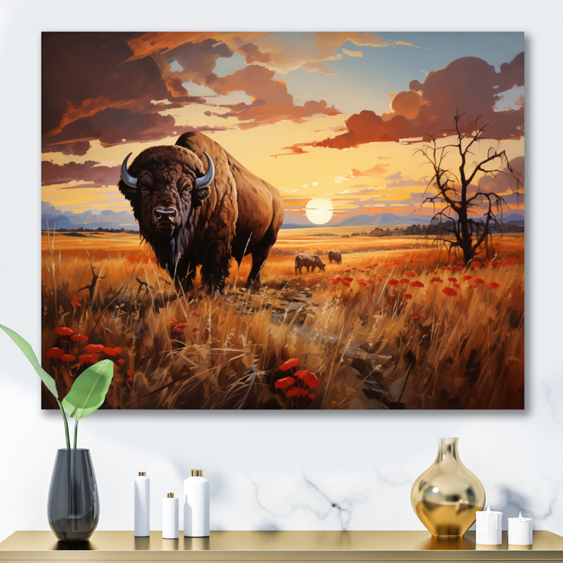 Native American Art Bison Prairies I Framed On Canvas Print, Toile tendue, H 12 po x l 20 po x P 1 po