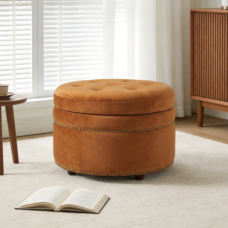 Mika 24" Round Flip-top Storage Ottoman - Dual-sided Seat & Table, Solid Wood Made, Space-Saving Footrest for Living Room & Bedroom