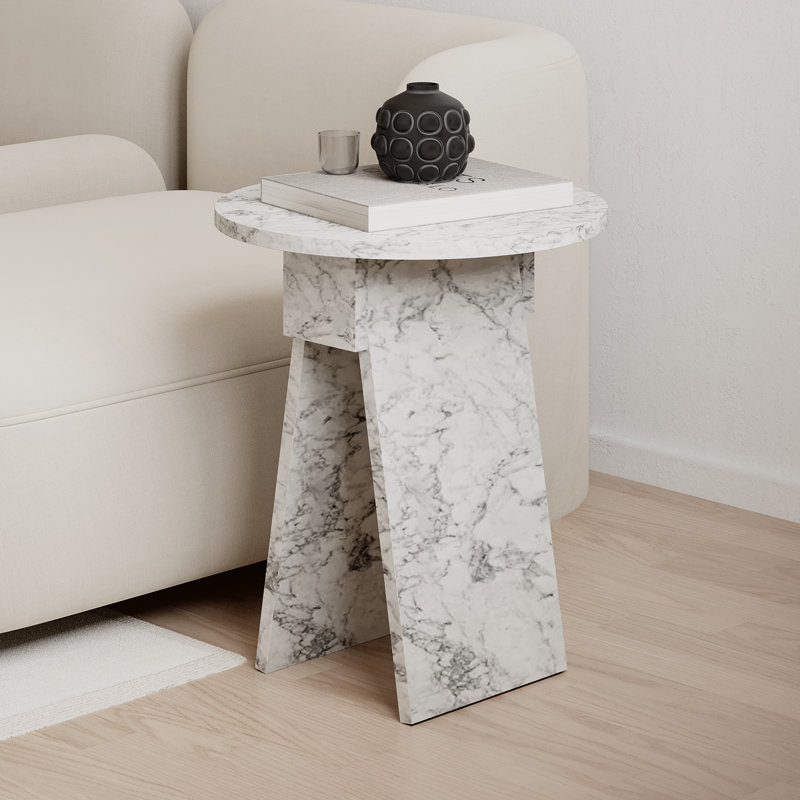 Chen Modern Side Table Minimalist with Round Top, White Marble