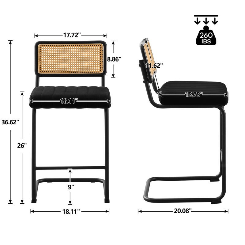 Black Velvet Upholstered Cane Back Counter Stools with Metal Frame, Set of 3