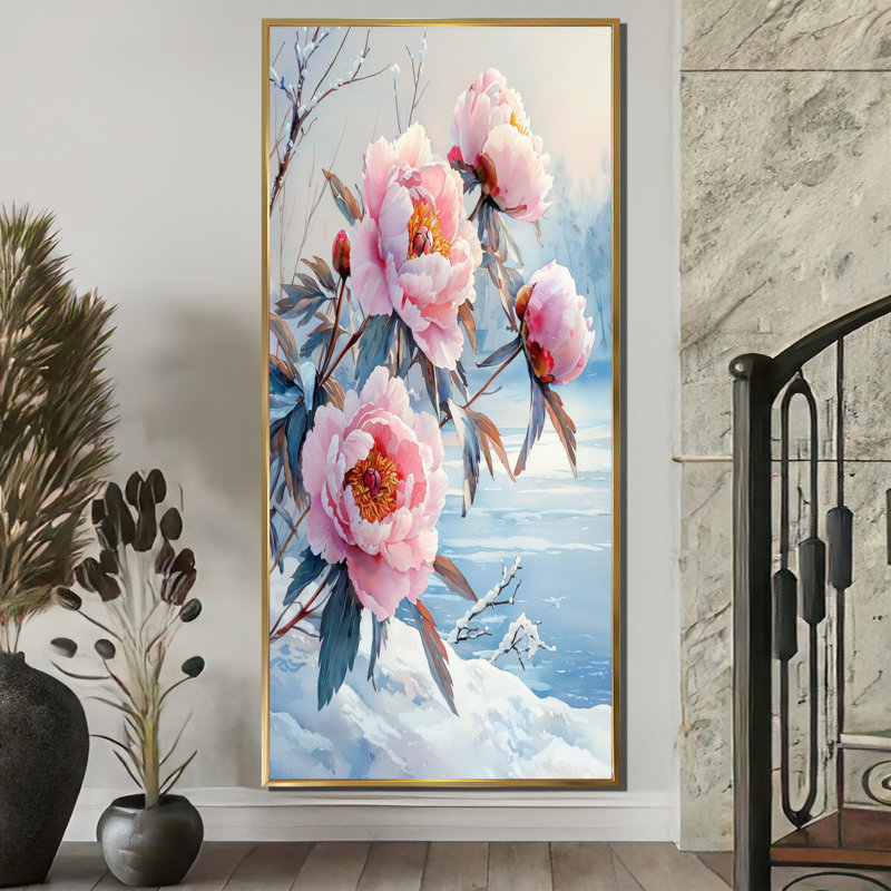 Pe pivoines près du lac gelé II - pivoines, art mural encadré, H 60 po x l 28 po, Impression encadrée sans passe-partout