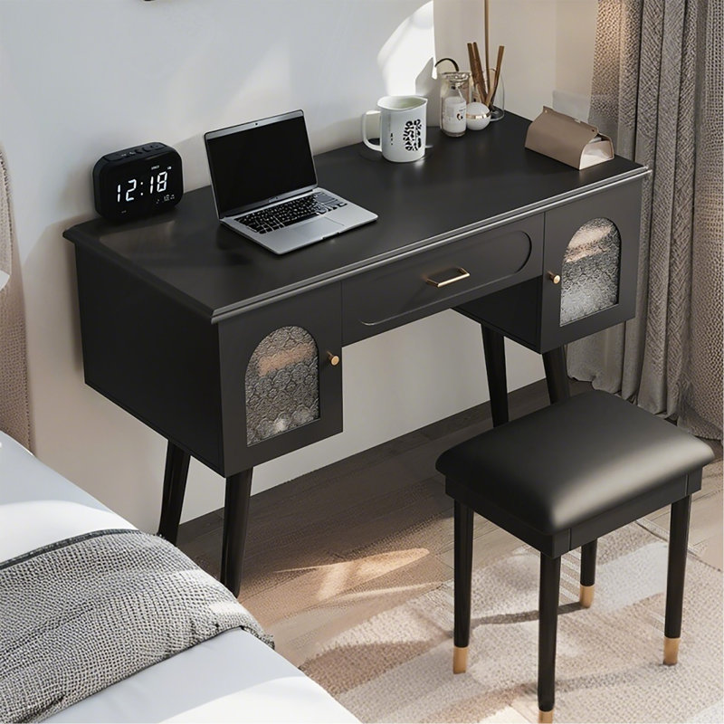 Elegant Vanity Makeup Table Chair Set, Modern Dressing Table With Organizer, Writing Desk, Charging Port, Black, Black