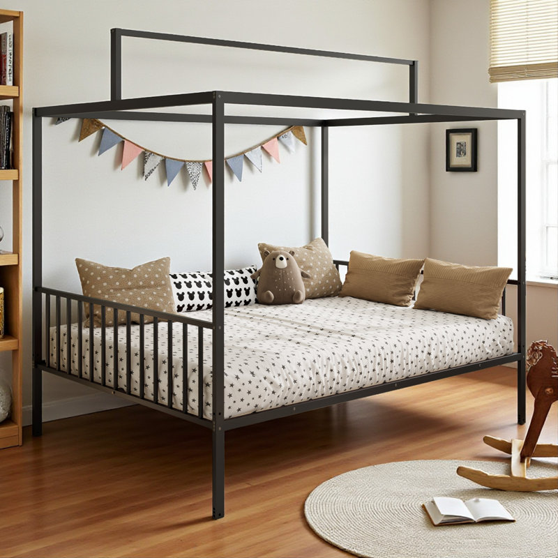 Metal Canopy Bed With Removable Fence, Black, Full