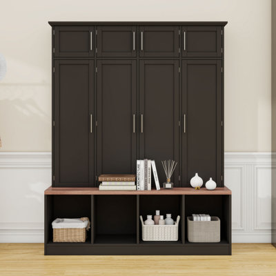 4-in-1 Hall Tree with 4 Hidden Hanging Hooks, Seating Bench and Doors by Lark Manor
