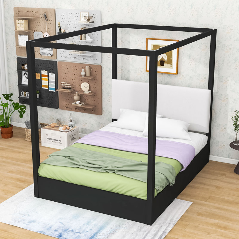 Lit plateforme à baldaquin en bois avec tête de lit tapissier, Noir, Queen