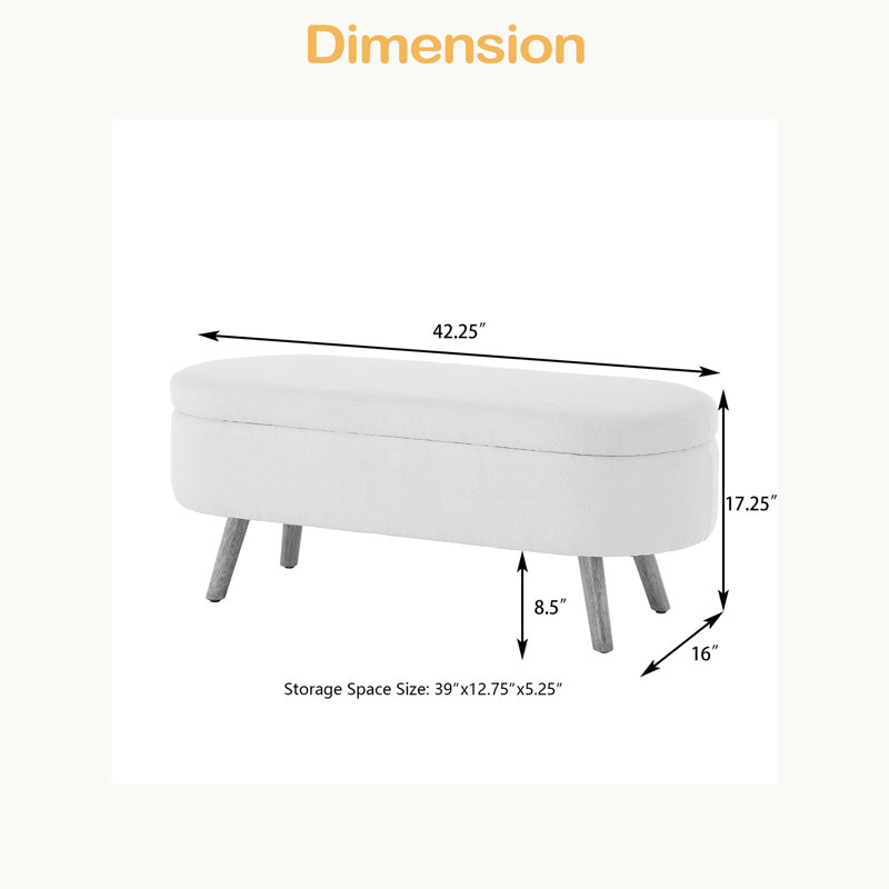 Luxury Oval Boucle Storage Ottoman Bench With Wood Legs 350Lb Weight Capacity & Safety Hinge, For Living Room, Orange