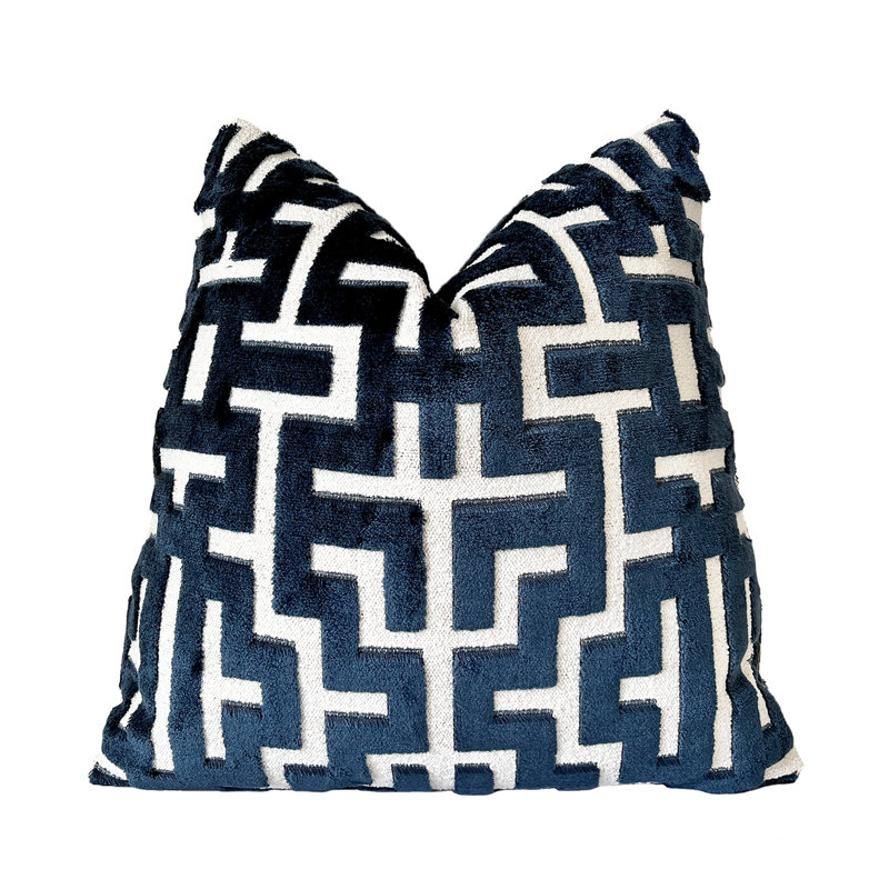 Myriad Velvet Throw Pillow Cover, 22"H x 22"W, White/Navy Geometric