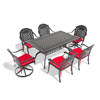 Ensemble de salle à manger 7 pièces en fonte d'aluminium toutes saisons, 2 chaises pivotantes, 4 chaises et une table rectangulaire avec cadre noir
