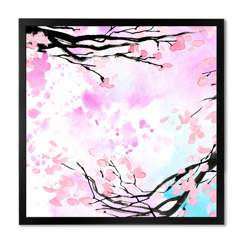 Branche de cerisier rose, Impression noire sur toile encadrée, H 16 po x l 16 po x P 1 po