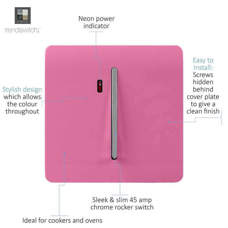 Trendi Switch 1 Gang 45 Amp Cooker Switch with Neon, Pink