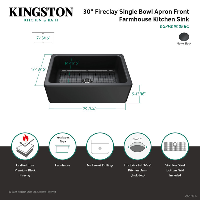 Kingston Brass Kaolin 30-Inch Fireclay Farmhouse Kitchen Sink, Matte Black