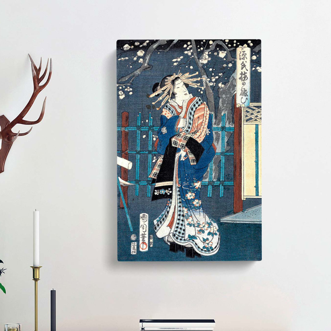 Courtesan with Plum Blossoms by Toyohara Kunichika - Wrapped Canvas
