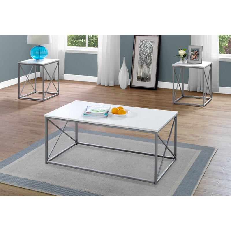 Ensemble de 3 tables basses - plateau lisse blanc épais, table basse + 2 tables de bout assorties