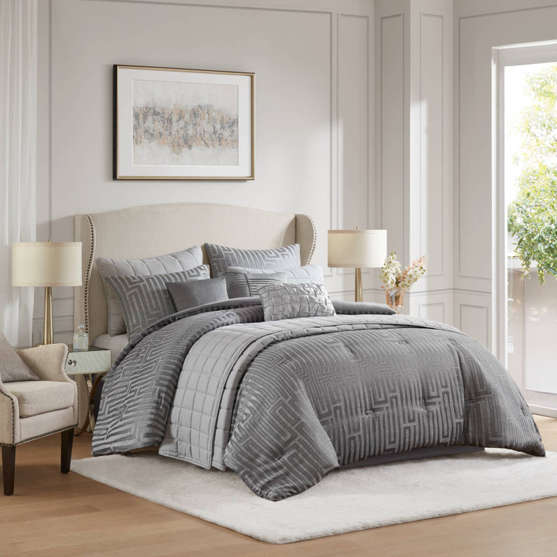 Royce Grey Jacquard Geometric 10-Piece Cal King Comforter Set, Cal King Comforter + 9 Additional Pieces, Gray