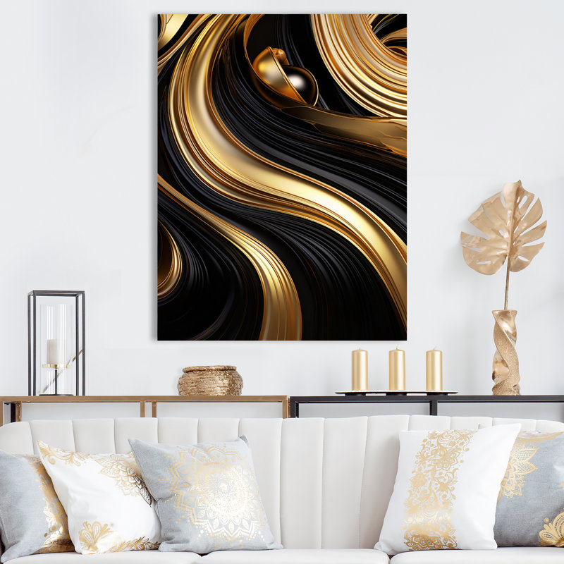 Abstrait or liquide et tourbillon noir I - spirales abstraites, art mural, H 40 po x l 30 po x P 1,5 po, Toile tendue